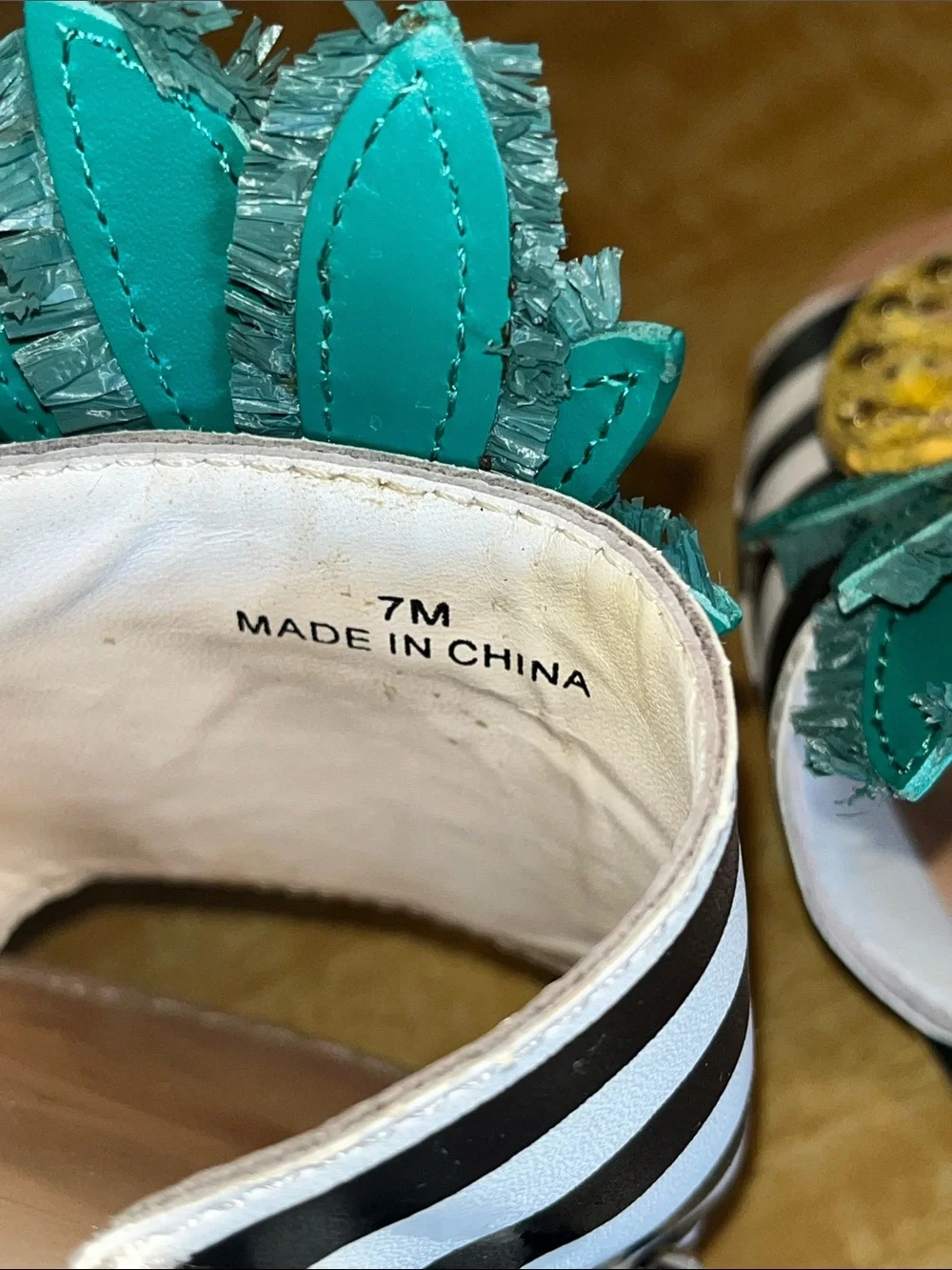 kate spade Black & White Stripe Pineapple Slide Sandals with Teal Leaves